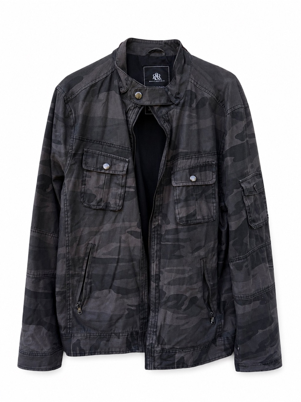Rock & Republic Camo Utility Moto Jacket Men’s Large Slim Fit